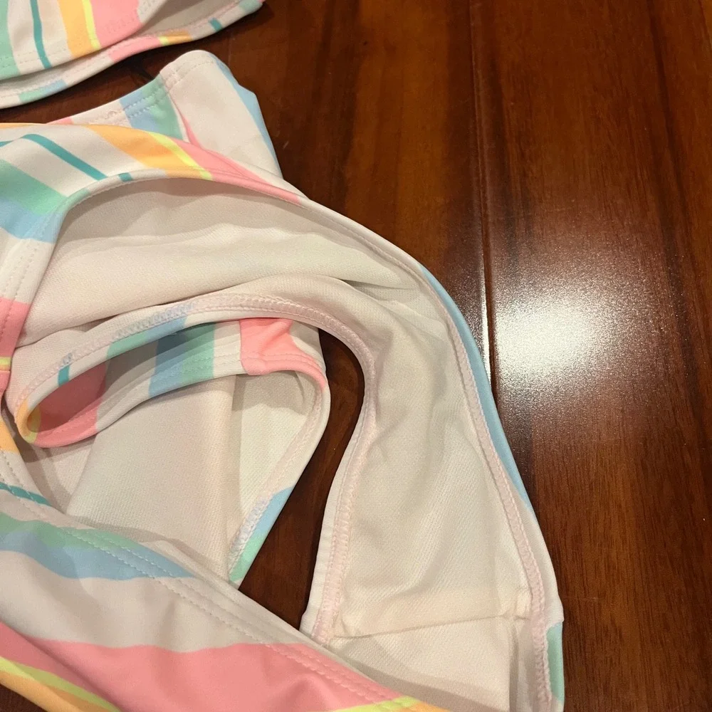 Hurley Girls Bikini Swim Set Two Piece Pale Ivory Pastel Multi Stripe Kids Sz 12